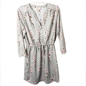 LOFT Soft Grey And Pink Floral Cocktail Cinch Waist Dress Size S/M